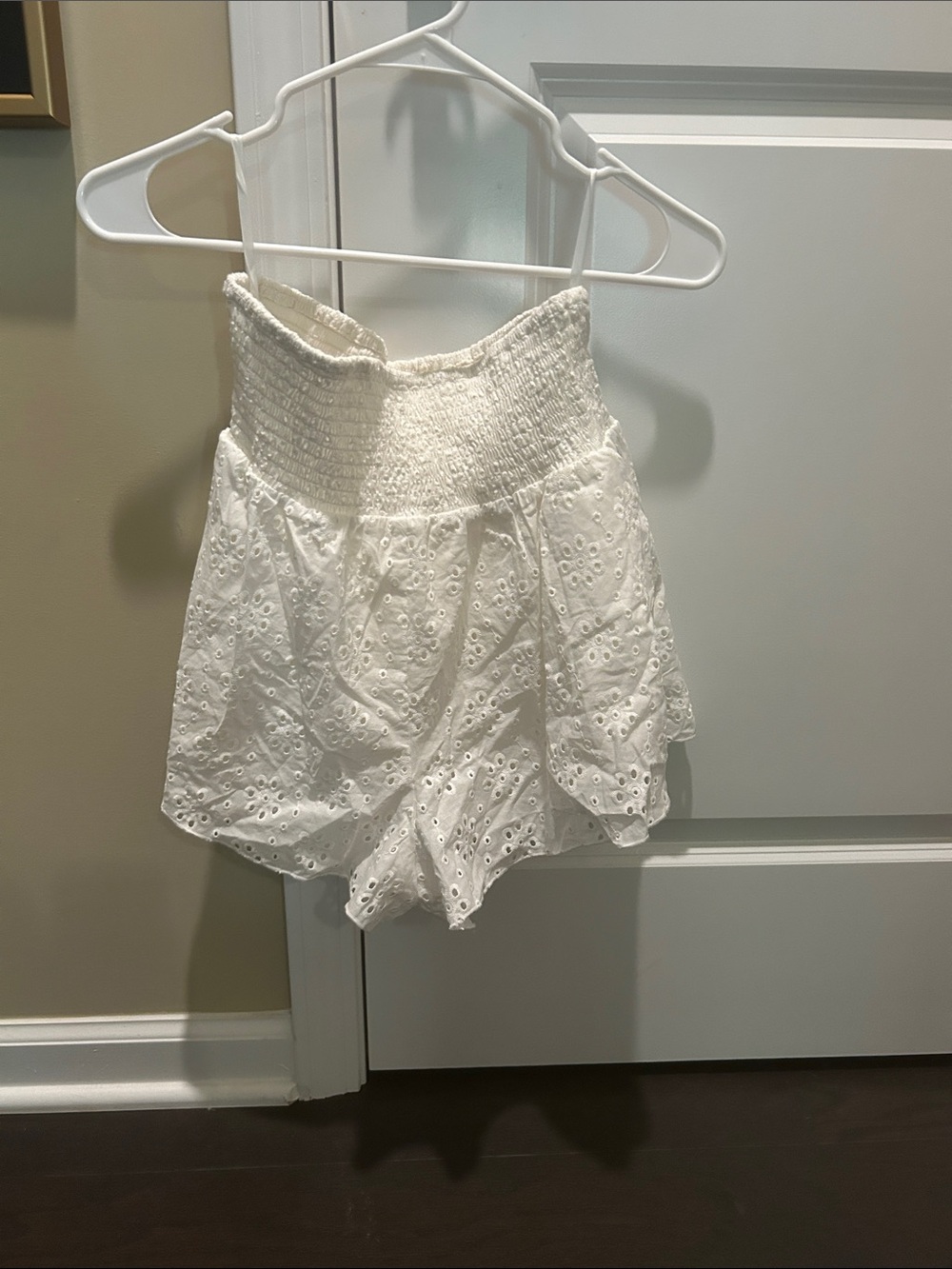Tularosa White Eyelet Smocked High-Waist Shorts